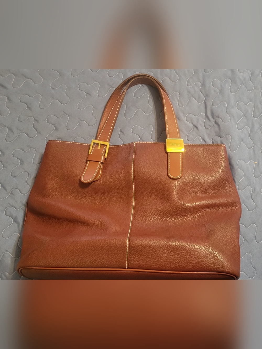 Burberry's Leather Tote Bag in Cognac Brown With Double Handles & Gold Hardware
